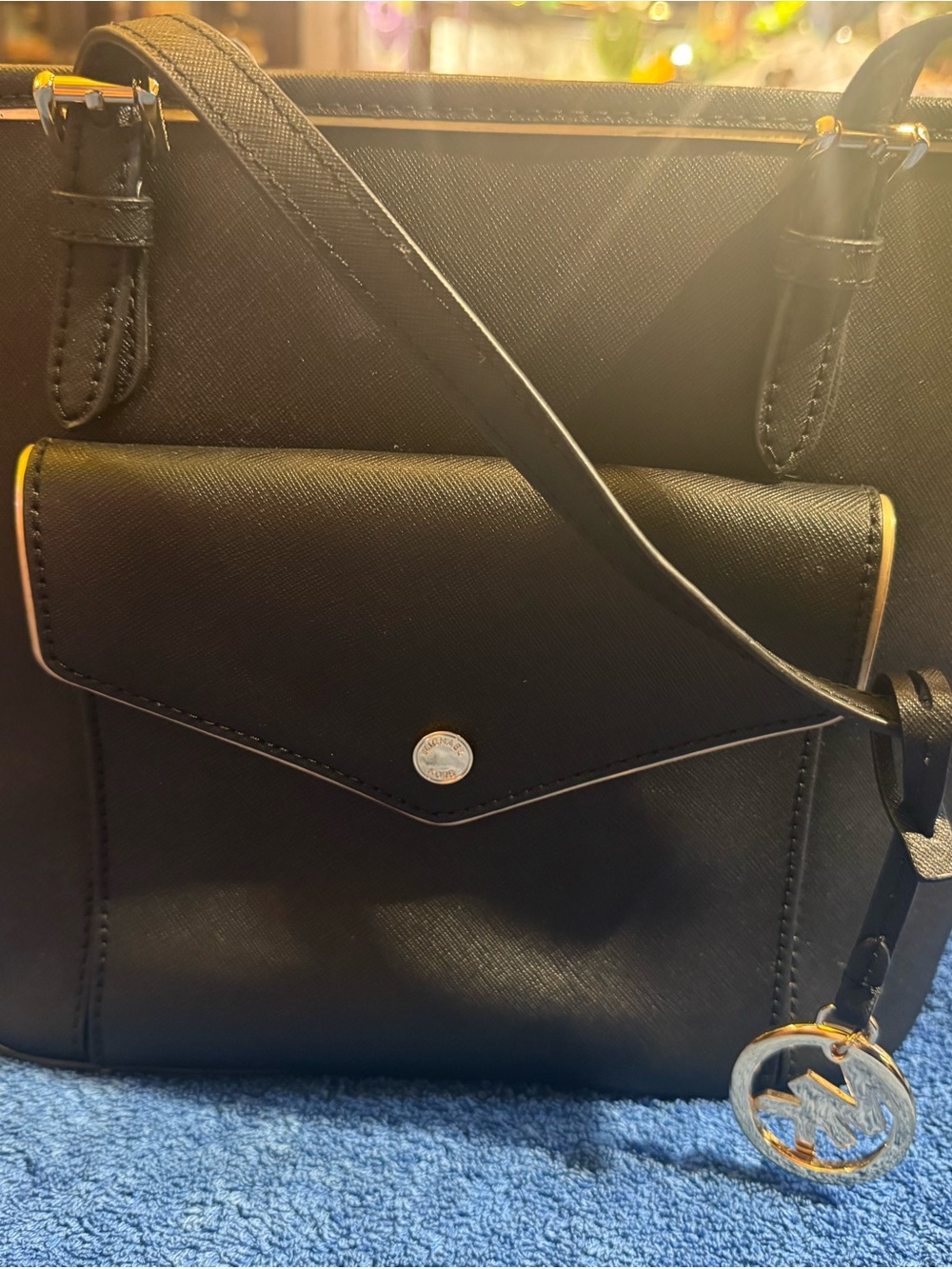 MICHAEL Michael Kors Black Saffiano Medium Tote with Gold Trim
